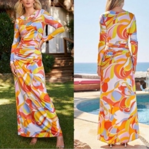 Boston Proper Multi Sequin Cutout Neckline Ruched Maxi Dress Women’s Large NWT - Picture 1 of 11
